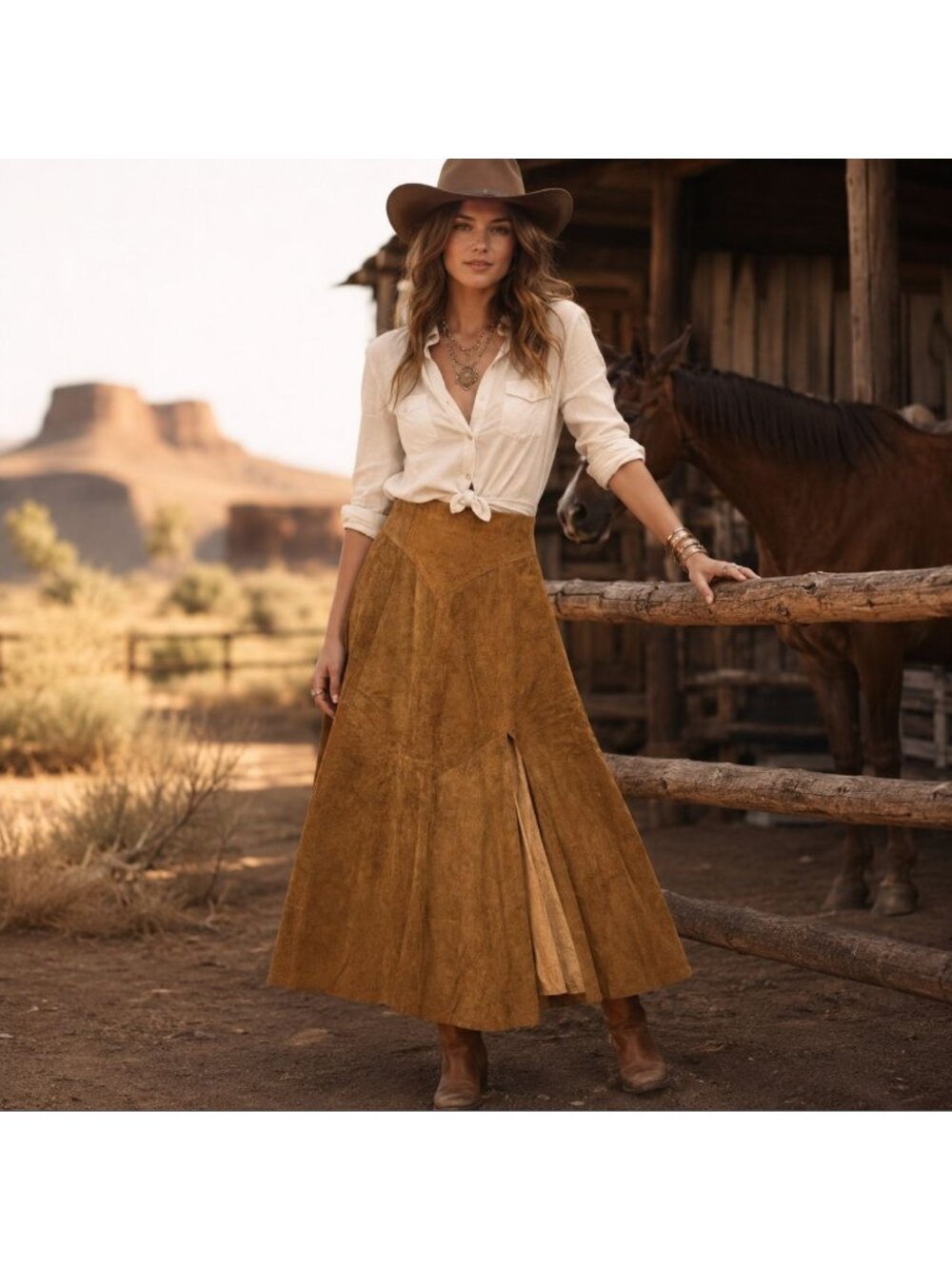 VTG Positano Pelle Women Petite Skirt Brown Suede Western  A Line Boho Chic USA